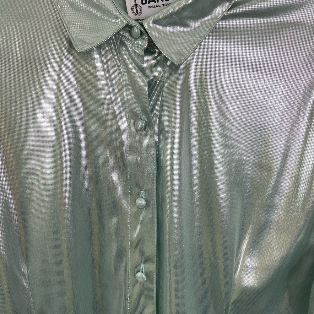 Vintage Banjo Western Shirt Metallic Satin Psychedelic Green Cowgirl Sz XL - Picture 3 of 8